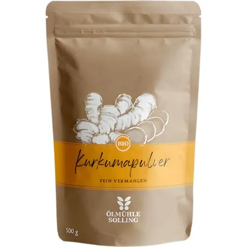 ÖLMÜHLE SOLLING - BIO Kurkuma Pulver | Fein vermahlenes Pulver aus Kurkumawurzeln. Kurkumapulver aus 100% kontrolliert biologischer Erzeugung. Ideal für exotische Gerichte | Inhalt: 500 g
