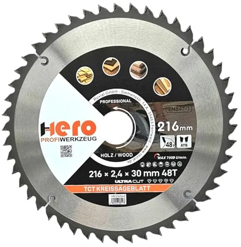 HERO Kreissägeblatt Hartmetall Sägeblatt TCT Ersatzsägeblatt Sägeblätter Kreissäge Holz/ALU Kreissägeblätter Tischkreissäge, Kappsäge (Für Holz/Holzwerkstoffe, Ø 216 x 30/20mm, 48T)
