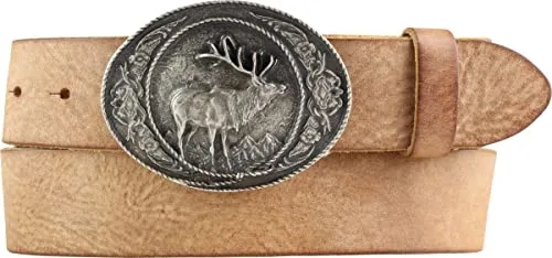 BELTINGER Jagd-Gürtel mit Hirsch-Gürtelschnalle aus weichem Vollrindleder 4 cm Used-Look | Druckknopf-Gürtel mfür Jäger 40mm | Vintage-Look | Tabac 90cm