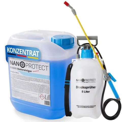 Nanoprotect Steinreiniger Konzentrat 5 kg mit Drucksprüher - Effektiver Steinreiniger für Außenanlagen, entfernt zuverlässig Fett, Schmutz und Ruß - ideal für Haus, Hof und Garten. Set beinhaltet 5 kg Konzentrat und 5L Drucksprüher.