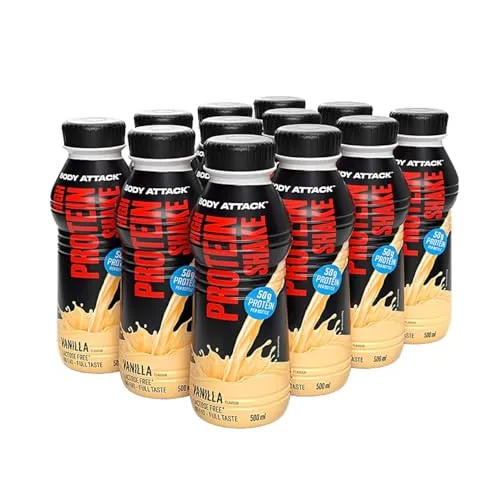 Body Attack High Protein Shake - Vanilla - 50 g Protein - Kalorienarmer Fertigdrink für Muskelaufbau, ideal für unterwegs mit 50 g hochwertigem Milcheiweiß pro 500 ml Flasche.