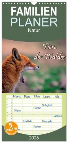 Familienplaner 2026 - Tiere des Waldes mit 5 Spalten (Wandkalender, 21 cm x 45 cm), CALVENDO: Naturkalender mit 13 Tiermotiven (CALVENDO Tiere)