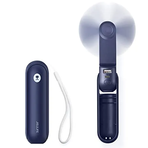 JISULIFE Mini Handventilator - Tragbar und Wiederaufladbar - Handventilatoren mit 14-21 Stunden Laufzeit, leiser Betrieb und Powerbank-Funktion. Ideal für unterwegs, mit faltbarem Design und integrierter Taschenlampe.