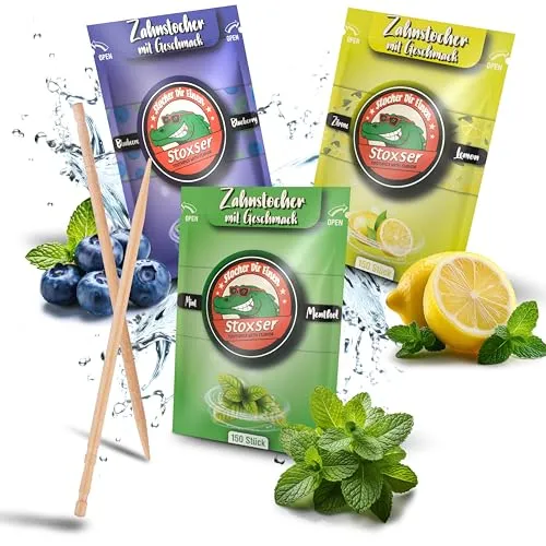 Stoxser 450x Zahnstocher mit Geschmack 3er Pack - Zahnstocher mit intensiven Aromen von Blaubeere, Zitrone und Mint. Zuckerfrei, vegan und ideal zur Atemfrische und Zahnpflege – die perfekte Kombination für Genuss und Hygiene!