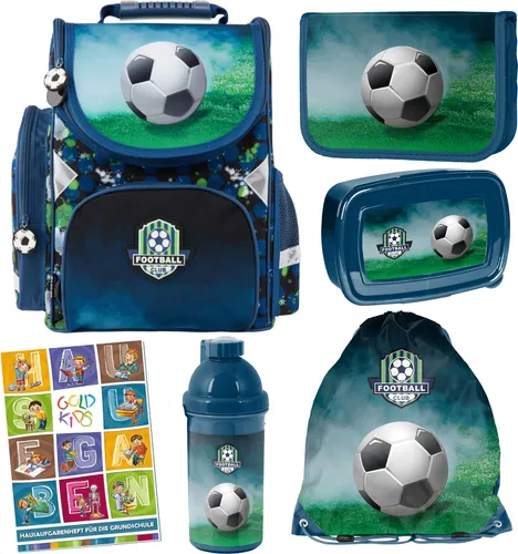 Schulranzen für Jungen - 6er-Set mit Fußball Motiv - Schulhefte und Zubehör für Jungen, inklusive hochwertigem Rucksack mit ergonomischer Rückenpartie und zahlreichen Fächern für Ordnung. Ideal für kleine Fußballfans!