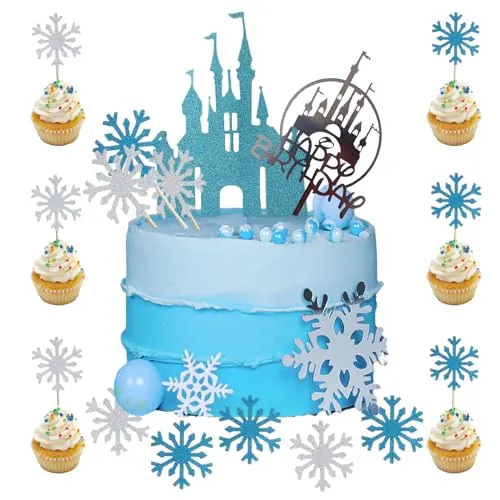 NEODTX Frozen Tortendeko 42 Stück Eiskönigin Happy Birthday Tortendeko Glitzer Blue Schloss Kuchen Deko,Silber Schneeflocken Muffin Cupcake Deko,für Kinder Mädchen,Hochzeitstorte Cake Topper