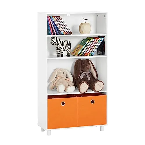 SoBuy Kinder Bücherregal mit 2 Boxen - Bücherregal für Kinder in Weiß, mit 3 Ablagefächern und 2 Stoffboxen, ideal zum Aufräumen und Organisieren von Spielzeug und Büchern. Mit Kippsicherung für mehr Sicherheit.