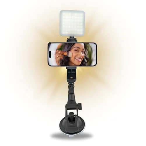 Saugnapf Smartphone Halterung mit Lampe – Ideal für Selfies im Auto - Kategorie: Halterungen, mit integrierter LED-Lampe für perfektes Licht bei Selfies und flexibler Montage an verschiedenen glatten Oberflächen.