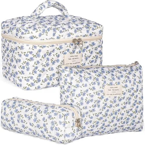 POWZOO 3PCS Set Reise Kosmetiktasche Mädchen,mit Blumenmuster,Baumwolle Kulturbeutel Set,Kulturtasche Damen,Kulturbeutel Make Up Tasche,Tragbare Schminktasche,für Kinder Damen,Alltag und Reisen.(Lila)