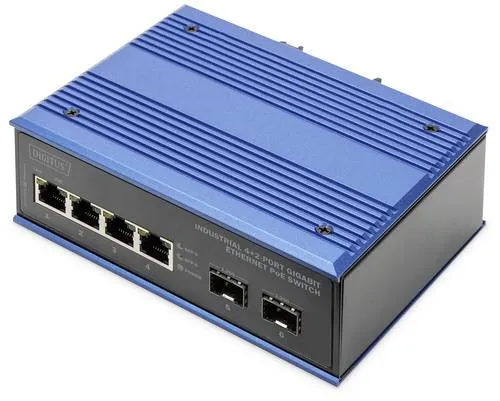 Digitus DN-651149 Industrial Ethernet Switch 4x2 Port 1 GBit/s - SWITCHES - Robuster 4+2-Port Industrial Gigabit Ethernet PoE Switch, ideal für raue Umgebungen mit IP40-Gehäuse und redundanter Stromversorgung, perfekt für Überwachung und Kontrollmanagement.