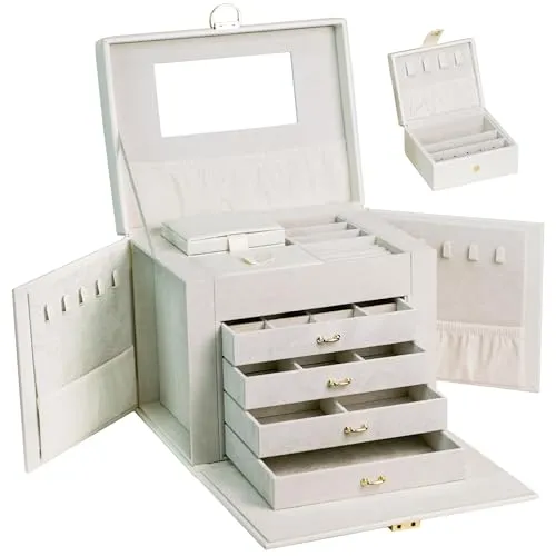 AdelDream Schmuckkasten groß abschließbar - Schmuckkästen mit 5 Ebenen und 5 Schubladen, elegant und klassisch, schützt Ihren Schmuck mit hochwertigem Kunstleder und weichem Samt, inklusive herausnehmbarer Reise-Schmuckbox.