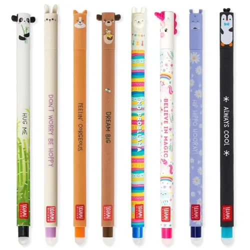 LEGAMI Set mit 8 radierbaren Gelstiften mit thermoempfindlicher Radiertinte, verschiedene Tintenfarben und Schaftdesigns, 0,7 mm Spitze, Hase, Löwe, Corgi, Panda, Pinguin, Lama, Nilpferd, Hai