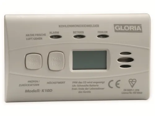GLORIA Kohlenmonoxid-Melder K10D mit Display - Gasmelder für zuverlässige Sicherheit, mit klarem Display zur sofortigen Anzeige von CO-Werten.