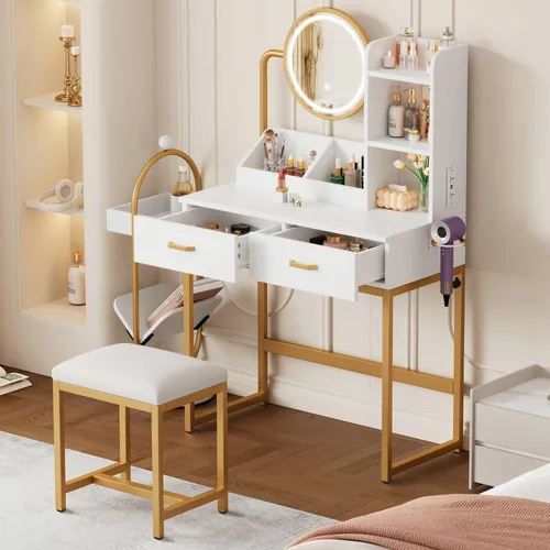 okwish Schminktisch mit LED-Beleuchtung und Hocker ,Frisiertisch mit drehbarem Spiegel & Steckdosen, Schminktisch mit 2 Schubladen& 2 offene Ablageflächen, weiß+Gold