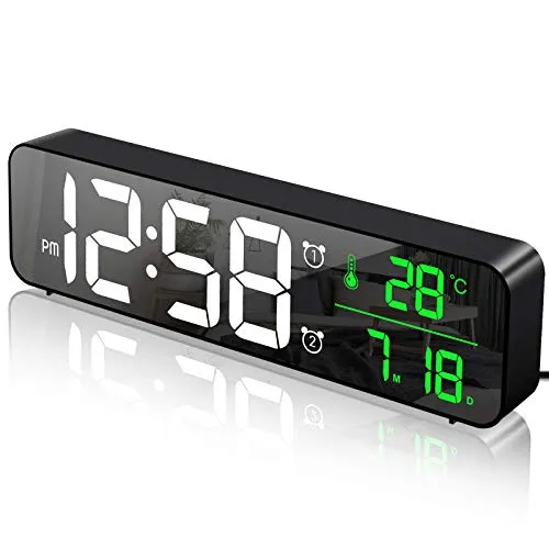 MOSUO Digitaler Wecker - LED Spiegel Wanduhr mit Temperaturanzeige - Wecker mit großem LED-Display, 2 Alarme und 40 Musikmelodien. Ideal für Schlafzimmer und Büro, bietet auch eine Auto-Dimmfunktion für optimalen Komfort.