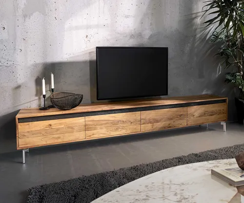 TV-Board Stonegrace Akazie Natur 240 cm - Elegantes Lowboard aus massiver Akazie mit hochwertiger Schieferapplikation, ideal für stilvolle Wohnräume. Bietet großzügigen Stauraum hinter 4 Türen.