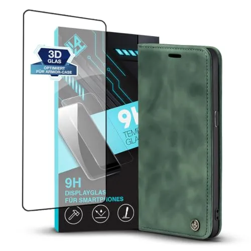 LBH Handyhülle für Samsung Galaxy S8 in Grün mit Displayglas Karten- und Geldfach Smartphone Hülle mit Standfunktion Flip Case Schutzhülle Magnetverschluss Vintage