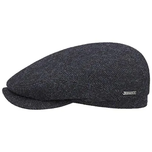 Stetson Belfast Flatcap Schiebermütze Herrenkappe Herringbone mit Innenfutter Baumwolle Herbst Winter schwarz-blau 59 cm