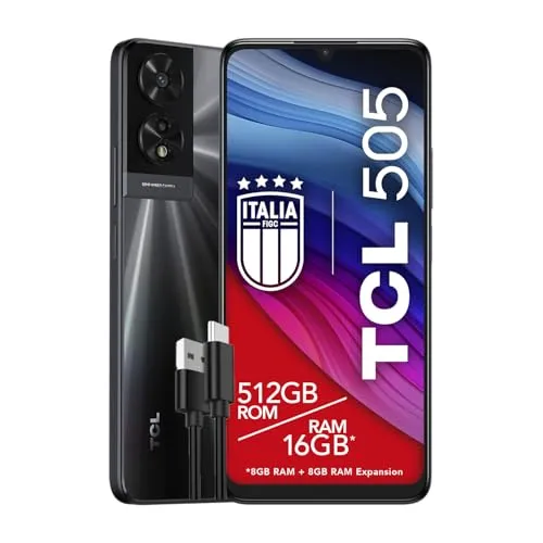 TCL 505 – 4G-Smartphone, Display 6,75 HDplus 90 Hz, 512 GB, 16 GB RAM (8plus8 GB RAM-Erweiterung), 50 MP Hybridkamera, Android 14, 5010 mAh Akku, Dual SIM, Space Grau, zusätzliches USB-Typ-C-Kabel