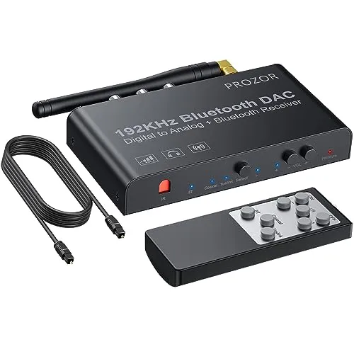 PROZOR DAC Konverter 192kHz Eingebauter Bluetooth V5.0 Empfänger Digital zu Analog Stereo L/R RCA 3.5mm Audio Konverter mit IR-Fernbedienung Unterstützt Mute/Lautstärkeregelung/Power ON oder Off