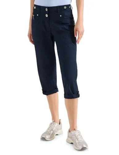Cecil Mid Waist Slim Leg Hose mit Turn-Up in Universal Blue 34 - Stylische Papertouch Stoffhose im Casual Fit mit Slim Legs. Ideal für trendbewusste Looks. Maße bei EU-Größe 29: Innenbeinlänge 66 cm, vordere Schrittlänge 24 cm, unterste Weite 20 cm.