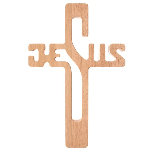 Luda Studio Wanddekoobjekt, Hölzernes hängendes Kreuz mit JESUS Aufschrift - Deko-Objekte: Handgefertigtes hölzernes Hängekreuz (22 cm) zur Unterstützung im Gebet, ideal als Geschenk für besondere Anlässe wie Taufe oder Hochzeit.
