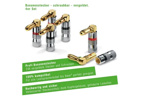conecto conecto Bananenstecker 4er-Set, 90° gewinkelter Stecker, für alle Audio-Kabel