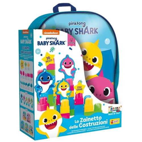 Baby Shark Rucksack mit Bauklötzen - Motorikspielzeug - Kinderrucksack mit 32 Baby Shark Bauklötzen und selbstkorrigierenden Kartonelementen, perfekt für die frühkindliche Entwicklung und kreatives Spiel.