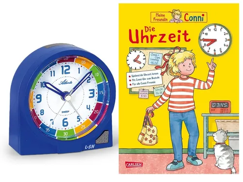 Kinderwecker ohne Ticken + Buch CONNI Die Uhrzeit lernen Blau Jungen - 1937/5 BU