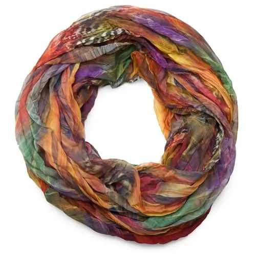 styleBREAKER Damen Loopschal Feder Muster Batik Style | leichter Schlauchschal mit Crash Crinkle Optik | weiches Halstuch für Frühling und Sommer, Farbe:Bunt