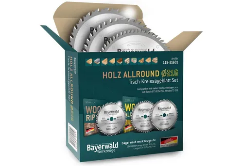 Bayerwald Kreissägeblatt Set HOLZ ALLROUND Ø216 - Kreissägeblätter Set für Tischkreissägen, inklusive grober, mittlerer und feiner Verzahnung für präzise Schnitte in Holz.