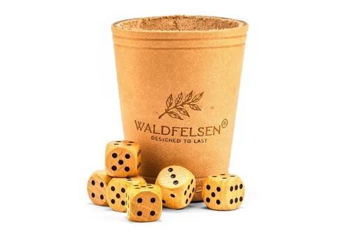 Waldfelsen Spiel – Echtleder Würfelbecher (9 cm) mit 6 Würfeln (16 mm) aus Buchenholz, Würfelspiel, Verschiedene Farben