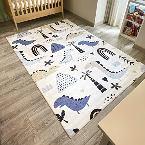 Nazar Kinderteppich für Kinderzimmer, Babyteppich, für Mädchen und Jungen, Motiv Dinosaurier, Weltkarte und Tiere (740 blau, 80x150 cm)