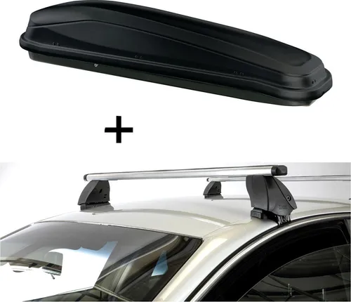Dachbox JUEASY300 300 Liter schwarz + Dachträger K1 PRO Aluminium für Mazda 2 (DY) 02-07 - Komplettset für Mazda 2 (DY) 02-07: 300 Liter Dachbox und Aluminium-Dachträger. Maximale Zuladung 50 kg, einfach zu montieren und abschließbar. Ideal für zusätzlichen Stauraum auf Reisen.