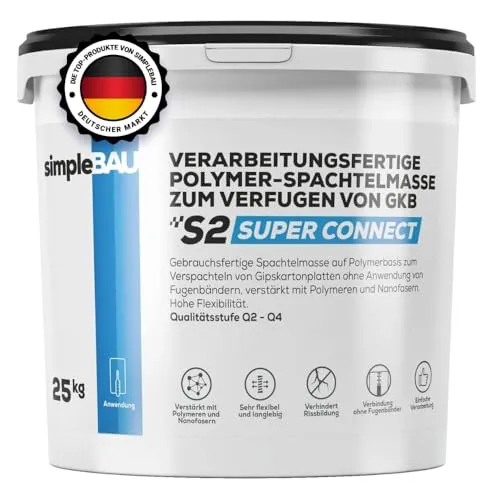 simpleBAU Spachtelmasse Weiß Innen 25 kg – Polymerbasierte Fertigspachtel für Gipskartonplatten ohne Fugendeckstreifen – Gebrauchsfertige Polymer-Spachtelmasse zum Glätten, Füllen & Reparieren