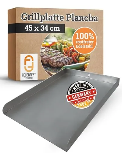 Feuerfest 123 Edelstahl-Plancha 45x34cm – Hochwertige Grillplatte für Kohle- & Gasgrill