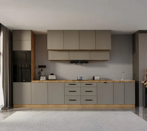 Moderne Küchenzeile Beige, 440 cm – Hochwertige Küchenmöbel - Elegante Küchenzeile in Beige, 440 cm, bietet durchdachte Aufteilung für optimalen Stauraum. Ideal für die moderne Küche, kombiniert sie Funktionalität mit minimalistischem Design und sorgt für eine organisierte Arbeitsfläche.