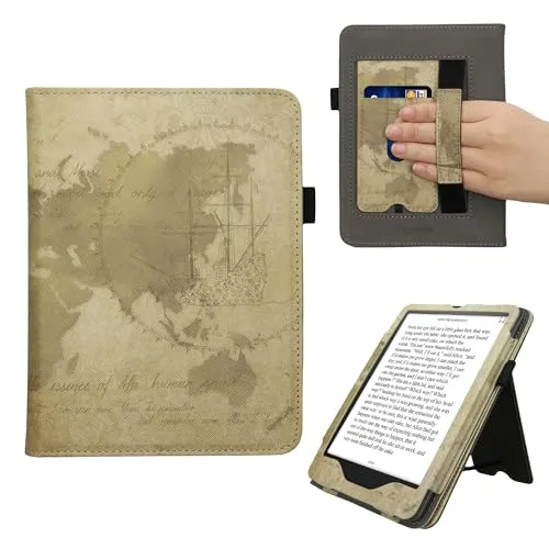 kwmobile Flip Cover kompatibel mit Amazon Kindle Paperwhite (2024)/Colorsoft - Hülle mit Handschlaufe Travel Vintage Braun Hellbraun