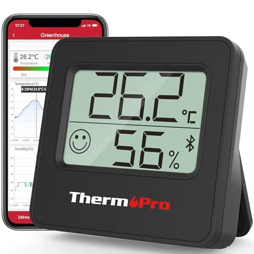 ThermoPro TP357B 80m Bluetooth Hygrometer Innen Thermometer für Innenräume mit APP Mini Luftfeuchtigkeitsmesser mit Smiley-Indikator Datengrafik für Büro, Weinkeller, Gewächshaus Schwarz