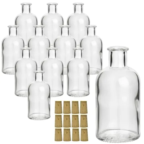 gouveo 12er Set Glasflaschen 100 ml Apotheker Design rund mit Korken (SK) - Kleine 0,1 l Flasche aus Glas für Likör, Öl, Essig, Deko
