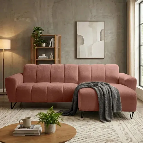 Ecksofa VOLARE MINI L-Form mit Ottomane rechts - Kupferrot - Stilvolles Ecksofa mit dekorativen schwarzen Metallbeinen, modernem Design und hochwertigem Chenille-Stoff für optimalen Sitzkomfort. Ideal für Ihr Wohnzimmer.
