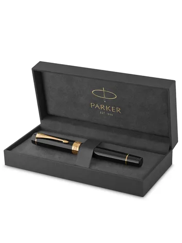 Parker Duofold Classic Füller | Schwarz mit goldbeschichteten Zierteilen | Größe Centennial | Füllfederhalter mit feiner Feder aus Massivgold | schwarze Tinte und Konverter | Geschenkbox