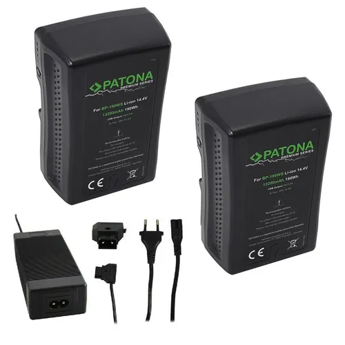 2x V-Mount Akku 190Wh für Sony BP190WS + Ladegerät - 2x V-Mount Akku 190Wh für Sony BP190WS, ideal für den professionellen Einsatz. Mit USB-Ausgang zum Laden zusätzlicher Geräte. Hohe Kapazität von 13200mAh für lange Betriebszeiten.