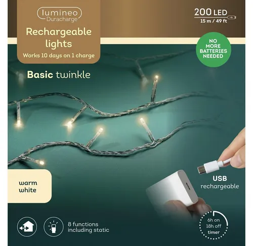 Lumineo USB Lichterkette BASIC Twinkle, 200 LED, warm weiß, 15 m