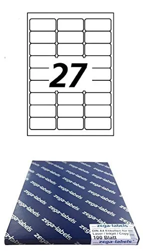 2.700 Etiketten 63,5 x 29,6 mm WIEDER ABLÖSBAR auf DIN A4 Bögen (3x9 Etiketten) - 100 Blatt Pack - Universell für Laser/Inkjet/Kopierer/Farblaser einsetzbar - 63x29 27-teilig