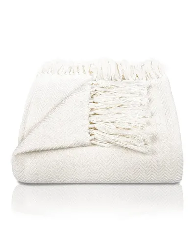 Gräfenstayn Tagesdecke mit Fransen – 100% Baumwolle, creme - Tagesdecken in creme mit elegantem Fischgrätenmuster, ideal als Sofa- oder Bettüberwurf für ein gemütliches Zuhause.