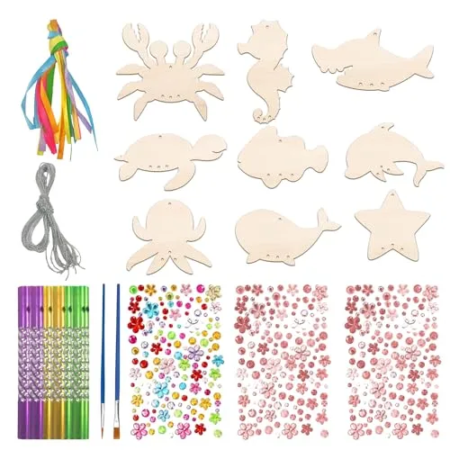 9-teiliges Meerestier-Windspiel-Set, kreative Cartoon-Hängedekorationen für den Außenbereich, kreatives DIY-Windspiel-Set, hölzernes Meerestier-Gemälde, verwendet für Fenstern und Gärten