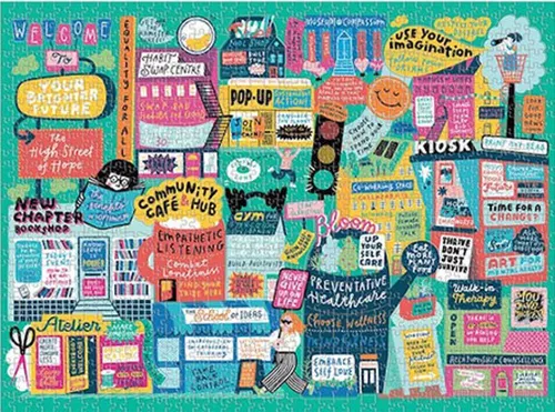 Galison The High Street of Hope Jigsaw Puzzle - 1000 Teile - Klassisches 1000-teiliges Puzzle mit 5 bunten Mini-Puzzles, das für zusätzlichen Spaß sorgt. Hergestellt aus 90% recyceltem Papier und bietet eine inspirierende Montage von Sprüchen.