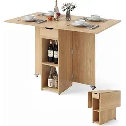 COSTWAY Klappbarer Esstisch mit Rollen und Stauraum