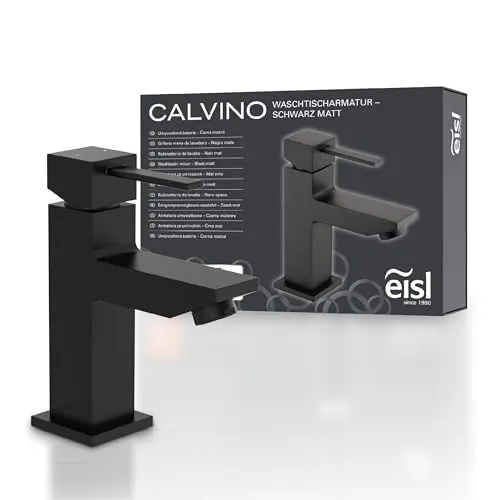 eisl Waschtischarmatur CALVINO - Eleganter Wasserhahn in Schwarz matt mit Ablaufgarnitur - Bad- & Duscharmaturen: Komfortabler Einhebelmischer mit geräuscharmer Kartusche und Push Pop Ablaufgarnitur für einfaches Öffnen und Schließen.
